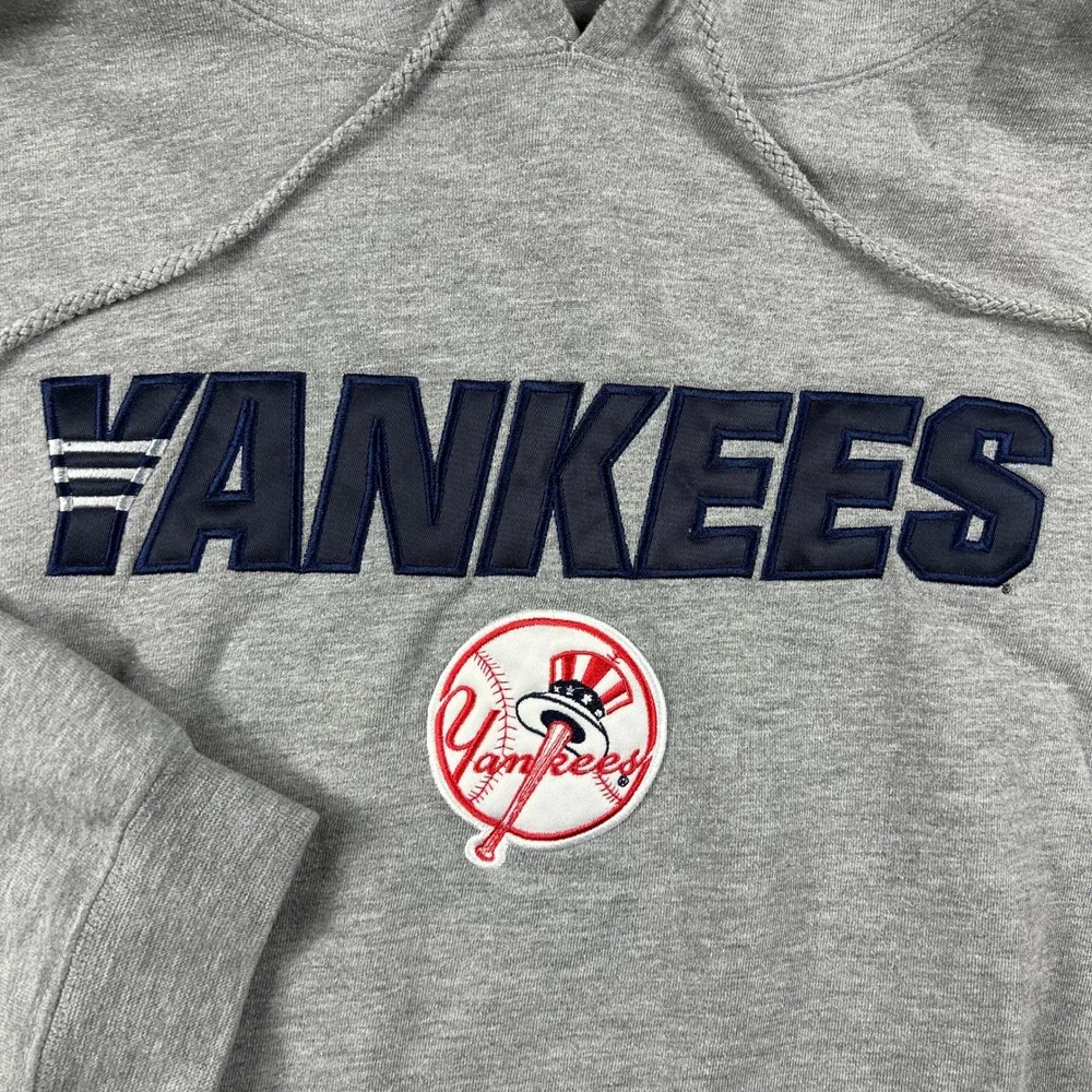 VTG Adidas Hoodie Mens XL Gray New York Yankees Embroidered Logo Sweatshirt MLB‎